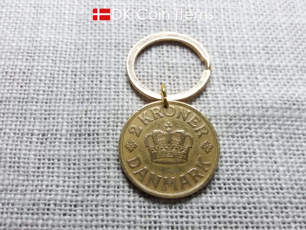 98 year old Crown C-initial coin keychain with golden 2 kroner 1926 from Denmark as coin pendant. Antique Danish vintage souvenir gift