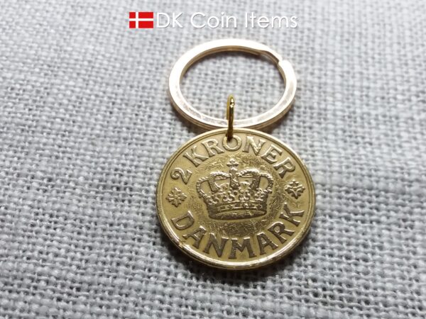 Crown C-initial coin keychain with golden 98 year old 1926 2 kroner from Denmark as coin pendant. Antique Danish vintage souvenir gift