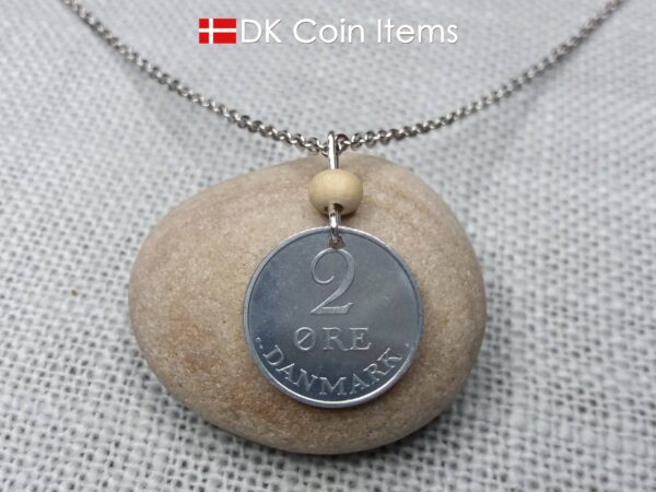 Crown R-initial 1970 coin necklace with 54 year old 2 ore from Denmark as coin pendant. 54th birthday gift. Danish vintage souvenir