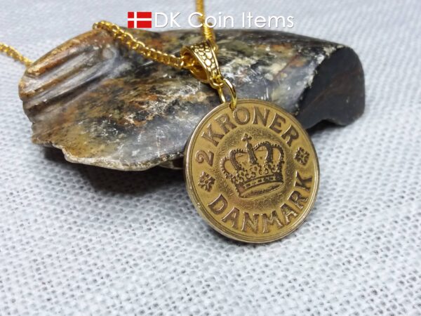 Crown C-initial coin necklace with golden 98 year old 1926 2 kroner from Denmark as coin pendant. Antique Danish vintage souvenir gift