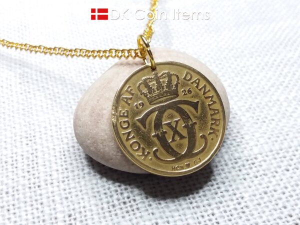 Crown C initial coin pendant necklace with an antique Danish golden 1926 coin (31mm/1¹/₄", 13 grams) on a gold plated ring. Denmark souvenir