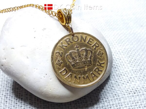 Golden 98 year old Crown C-initial coin necklace with 2 kroner 1926 from Denmark as coin pendant. Antique Danish vintage souvenir gift