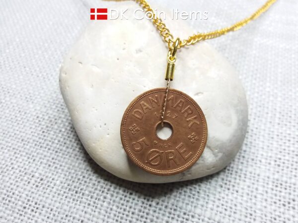 Denmark Crown C initial coin necklace with 97 year old Danish copper 5 ore as pendant. Antique 1927 vintage souvenir. 97th birthday gift