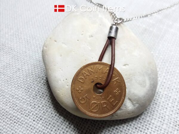 Antique Crown C-initial 1927 coin necklace with 97 year old Danish copper 5 ore as coin pendant in leather strap. Denmark Vintage souvenir