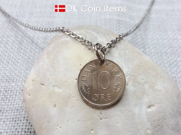 Denmark 1981 coin necklace with 43 year old Crown M initial 10 ore as coin pendant. 43rd birthday gift. Danish vintage souvenir