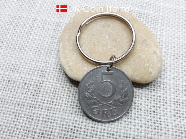 Denmark 1942 coin keychain with 82 year old Crown C initial 5 ore as coin pendant. 82nd birthday gift. Antique Danish vintage souvenir gift