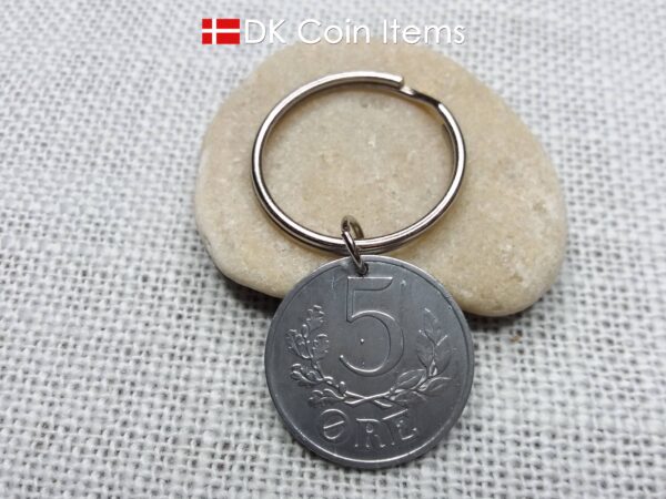 Denmark 1943 coin keychain with 81 year old Crown C initial 5 ore as coin pendant. 81st birthday gift. Antique Danish vintage souvenir gift