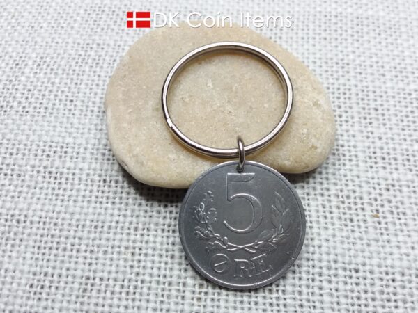 Denmark 1944 coin keychain with 80 year old Crown C initial 5 ore as coin pendant. 80th birthday gift. Antique Danish vintage souvenir gift