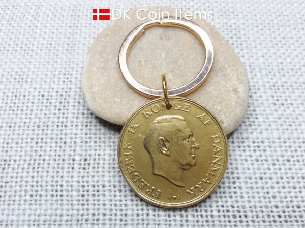 Denmark 1958 coin keychain with 66 year old golden Crown Coat of Arms 2 kroner as coin pendant. 66th birthday gift. Danish vintage souvenir