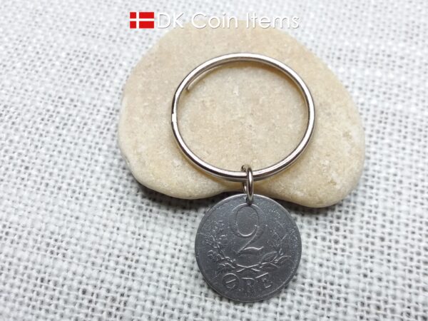 Denmark 1943 coin keychain with 81 year old Crown C initial 2 ore as coin pendant. 81st birthday gift. Antique Danish vintage souvenir gift