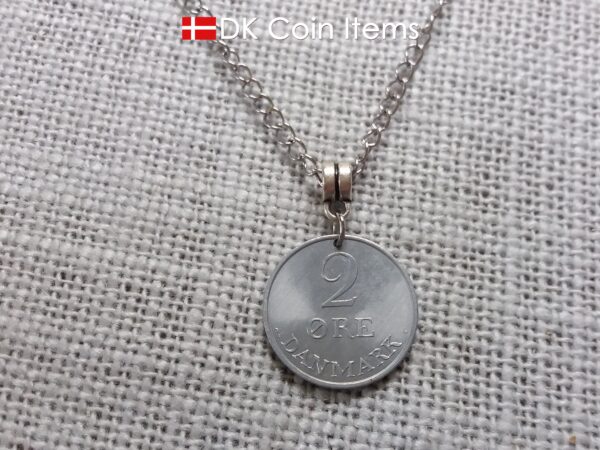 1971 coin necklace with 54 year old Crown R initial 2 ore from Denmark as coin pendant. 53rd birthday gift. Danish vintage souvenir