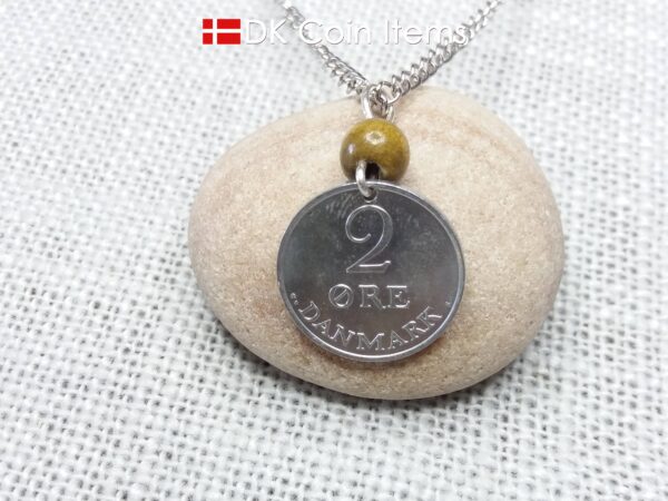 Crown R initial 1971 coin necklace with 53 year old 2 ore from Denmark as coin pendant. 53rd birthday gift. Danish vintage souvenir