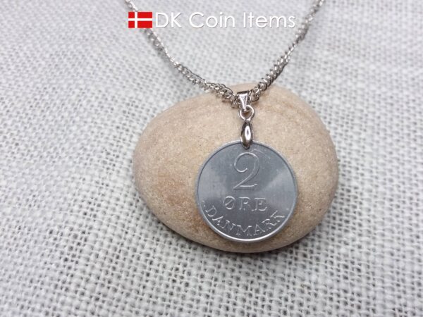 1971 Crown R coin pendant necklace with 53 year old 2 ore from Denmark. 53rd birthday gift. 2nd anniversary gift. Danish vintage souvenir