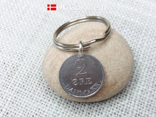 Denmark 1971 coin pendant keychain. 53 year old Crown R initial 2 ore. 53rd birthday gift. 2nd anniversary gift. Danish vintage souvenir