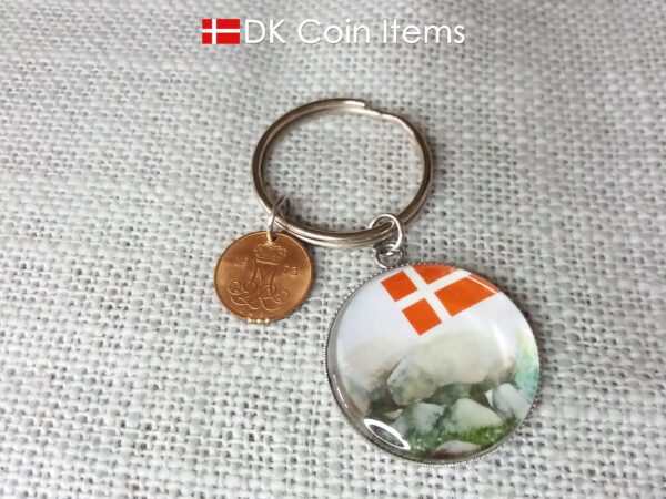 Denmark 1973 coin keychain with 51 year old Crown M 5 ore coin and Stone Age Dolmen painting pendant. Danish vintage souvenir gift