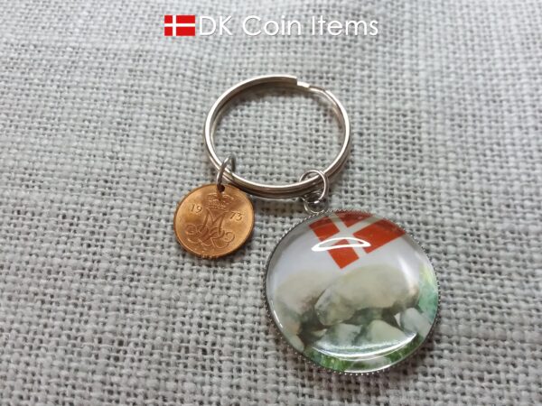 Denmark 1973 coin keychain with 51 year old Crown M 5 ore coin and Stone Age Dolmen painting pendant. Danish vintage souvenir gift