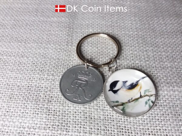 Denmark 1960 coin keychain with 64 year old Crown R initial 5 ore coin and Black-Capped Chickadee painting pendant. Danish vintage souvenir