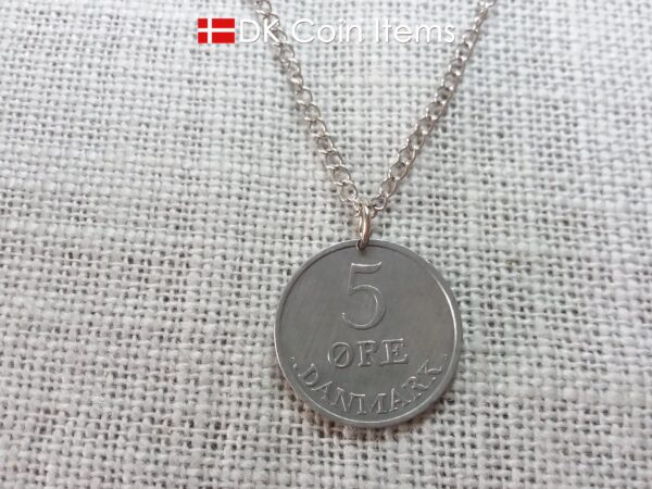 Denmark 1957 Crown R initial coin necklace with 67 year old 5 ore as coin pendant. Unique 67th birthday gift or Danish vintage souvenir