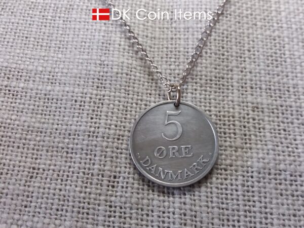 Denmark 1958 Crown R initial coin necklace with 66 year old 5 ore as coin pendant. Unique 66th birthday gift or Danish vintage souvenir