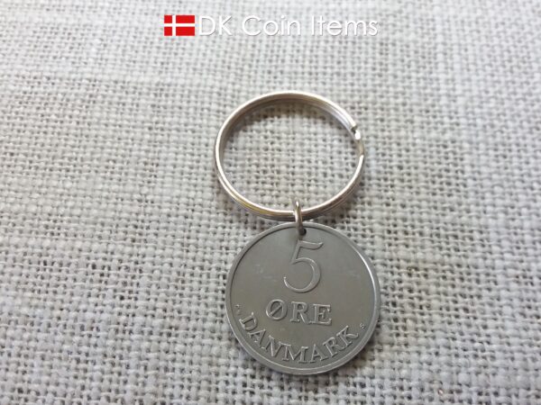 Denmark 1959 Crown R initial coin keychain with 65 year old 5 ore as coin pendant. Unique 65th birthday gift or Danish vintage souvenir