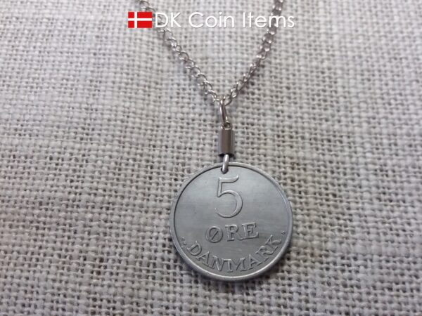 Denmark 1959 Crown R initial coin pendant necklace with 65 year old 5 ore. Unique 65th birthday, 5th anniversary or Danish souvenir gift