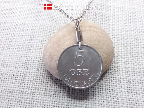 Denmark 1960 Crown R initial coin pendant necklace with 64 year old 5 ore. Unique 64th birthday, 5th anniversary or Danish souvenir gift