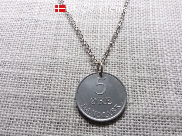 Denmark 1964 Crown R initial coin necklace with 60 year old 5 ore as coin pendant. Unique 60th birthday gift or Danish vintage souvenir