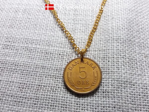 Denmark 1964 coin pendant necklace with Crown R initial. 60 year old 5 ore. 60th birthday gift or Danish vintage souvenir