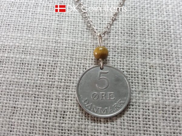 Denmark Crown R 1963 coin necklace with 61 year old 5 ore as coin pendant on greenish tree bead