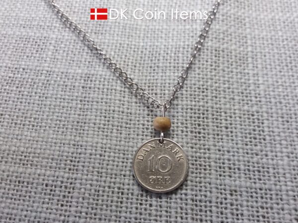 Denmark Crown R 1954 coin necklace with 70 year old 10 ore as coin pendant on wire with tree bead