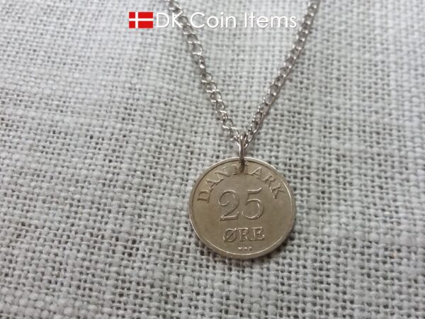 Danish coin pendant necklace with a 1953 Crown R-initial 25 øre. 71st birthday gift. Danish vintage souvenir