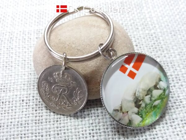 Denmark 1953 coin keychain with 71 year old Crown R-initial 25 ore coin and Stone Age Dolmen painting pendant. Danish vintage souvenir gift