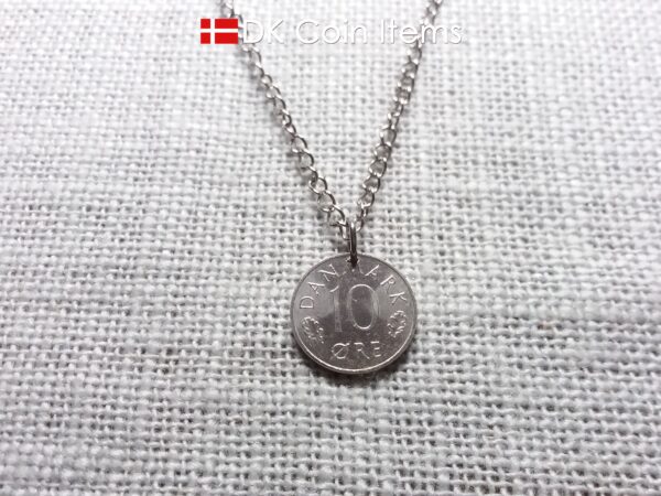 Denmark 1976 coin pendant necklace with 48 year old Crown M initial 10 ore. 48th birthday gift. Danish vintage souvenir