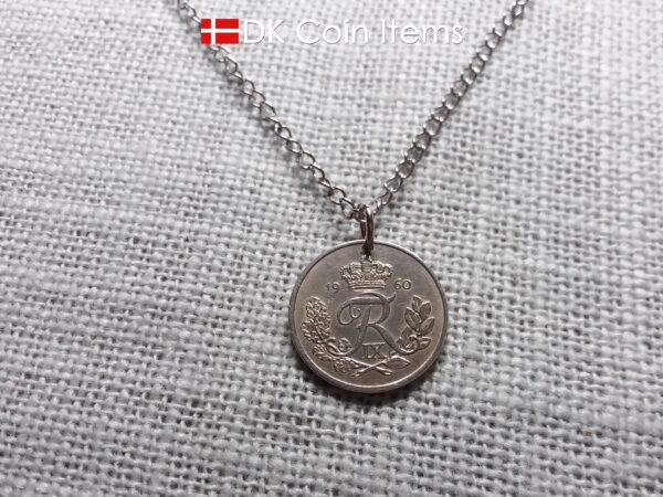 Danish coin pendant necklace with a 1956 Crown R-initial 25 ore. 68th birthday gift. Danish vintage souvenir