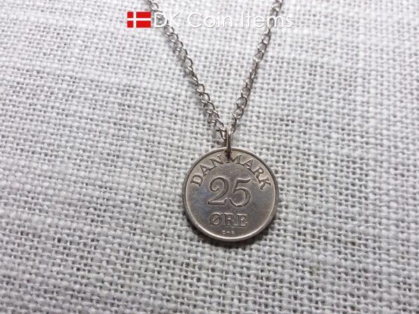 Danish coin pendant necklace with a 1956 Crown R-initial 25 ore. 68th birthday gift. Danish vintage souvenir