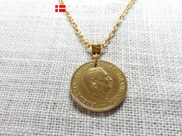 Denmark 1951 coin necklace with 73 year old golden Crown Coat of Arms 2 kroner as coin pendant. 73rd birthday gift. Danish vintage souvenir