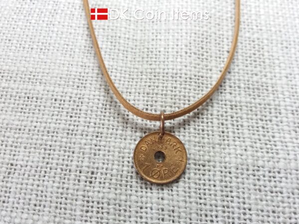 Denmark 1939 Crown C-initial coin pendant necklace with 85 year old copper 1 ore. 85th birthday gift. Antique Danish vintage souvenir gift