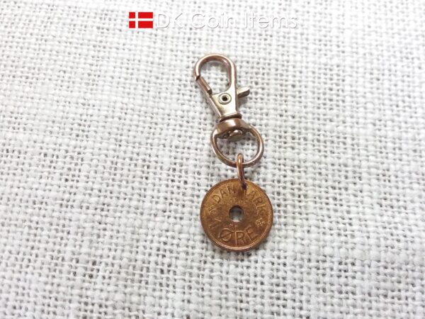 Denmark 1939 Crown C-initial coin pendant charm with 85 year old copper 1 ore on trigger clip. 85th birthday gift. Danish vintage souvenir