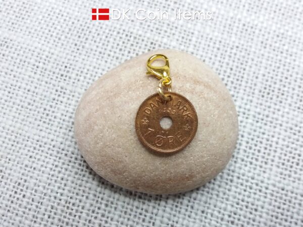 Denmark 1939 Crown C-initial coin pendant charm with 85 year old copper 1 ore on lobster claw. 85th birthday gift. Danish vintage souvenir