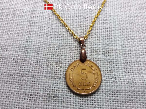 Denmark 1963 coin necklace with 61 year old Crown R initial 5 ore as coin pendant. 61st birthday gift. Danish vintage souvenir