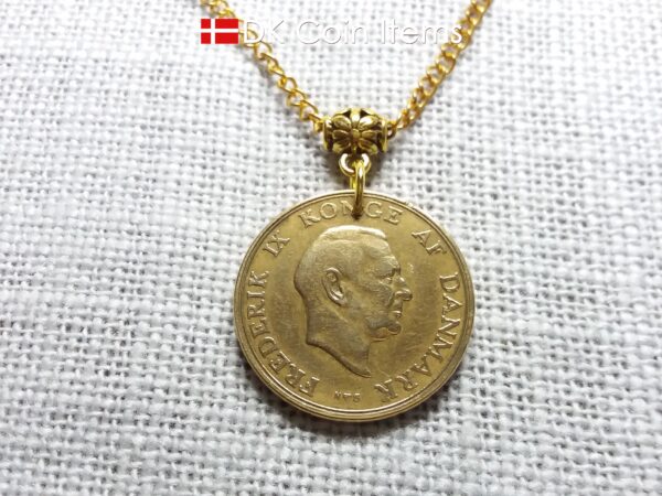 Denmark 1951 Crown Coat of Arms coin necklace with 73 year old golden 2 kroner as coin pendant. 73rd birthday gift. Danish vintage souvenir