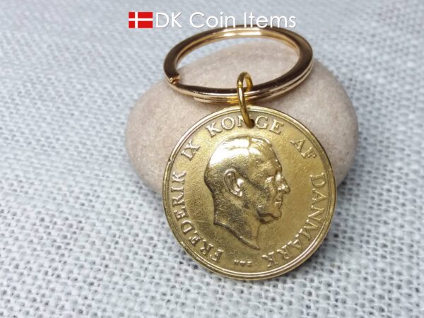 Denmark 1951 Crown Coat of Arms coin keychain with 73 year old golden 2 kroner as coin pendant. 73rd birthday gift. Danish vintage souvenir