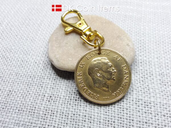 Denmark 1951 Crown Coat of Arms coin charm with 73 year old golden 2 kroner as coin pendant. 73rd birthday gift. Danish vintage souvenir