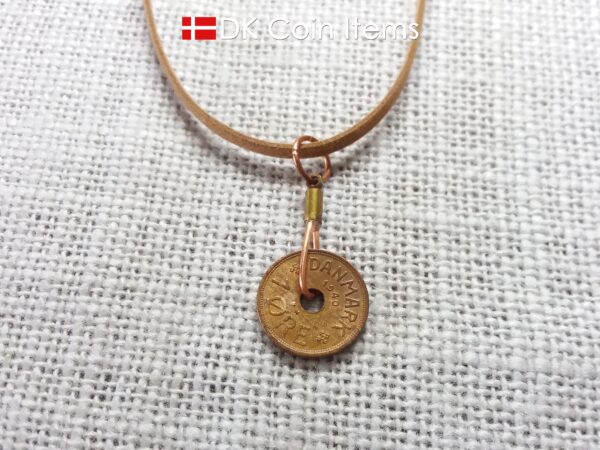 Denmark 1940 Crown C-initial coin necklace with 85 year old copper 1 ore as pendant. 84th birthday gift. Danish vintage souvenir gift