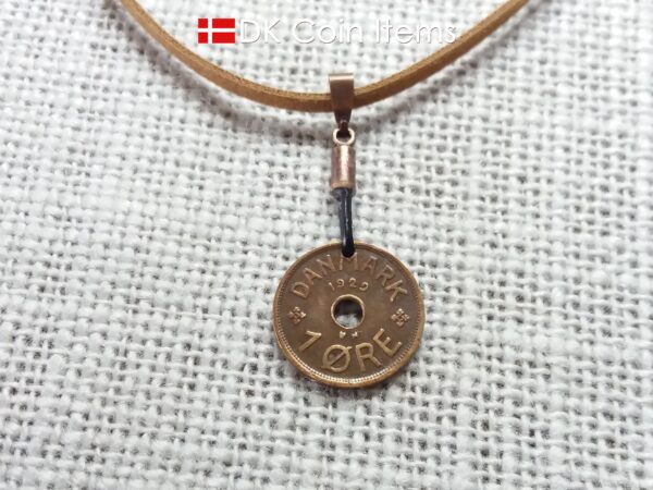 Denmark 1929 Crown C-initial coin necklace with 95 year old copper 1 ore as pendant. 95th birthday gift. Danish vintage souvenir gift