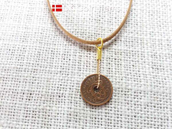 Denmark 1932 Crown C-initial coin necklace with 92 year old copper 1 ore as pendant. 92nd birthday gift. Danish vintage souvenir gift