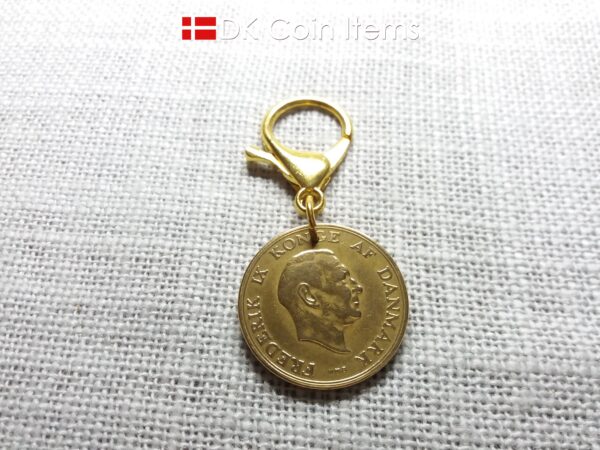 Denmark 1951 coin charm with 73 year old golden Crown Coat of Arms 2 kroner as coin pendant. 73rd birthday gift. Danish vintage souvenir