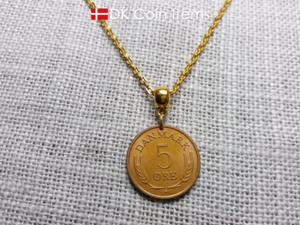 Denmark 1968 coin necklace with 56 year old Crown R initial 5 ore as coin pendant. 56th birthday gift. Danish vintage souvenir