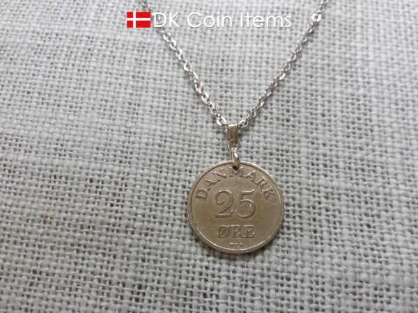 Denmark R-initial 1950 coin necklace with 74 year old 25 ore as coin pendant on pinch bail with snap lock. Cord/Chain options