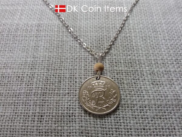 Denmark R-initial 1950 coin necklace with 74 year old 25 ore as coin pendant on wire with tree bead. Cord/Chain options